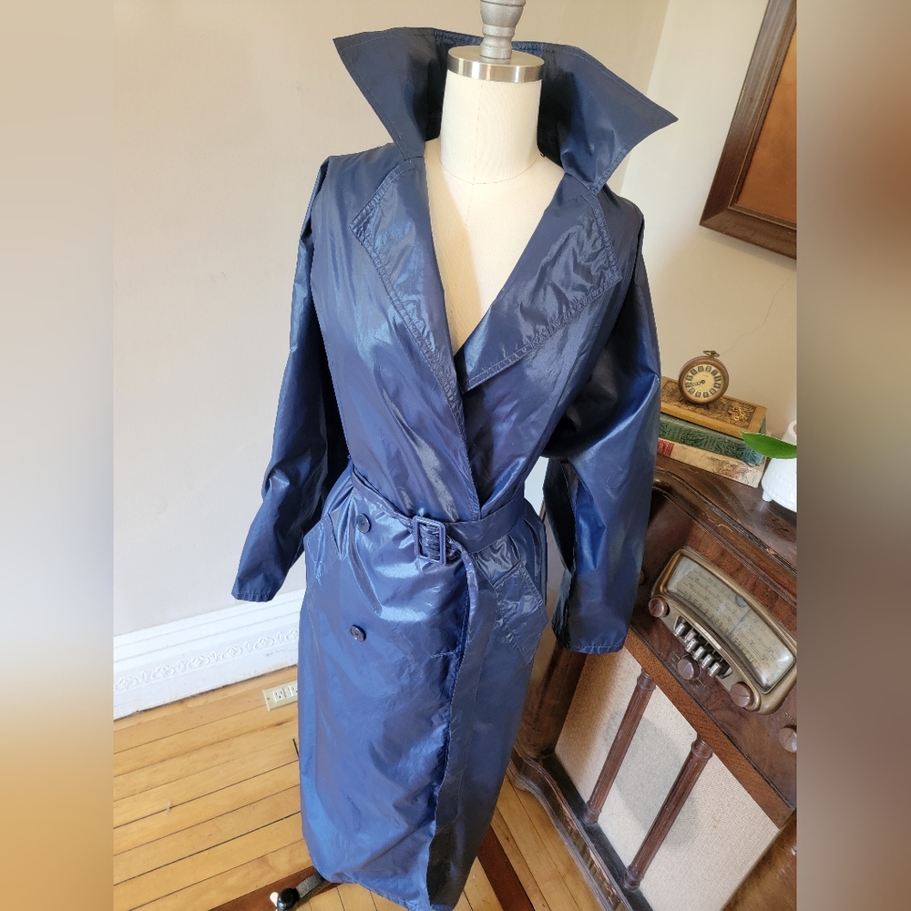Totes Shiny Blue Women's Trench Rain Coat Jacket Navy OSFM - Picture 3 of 8